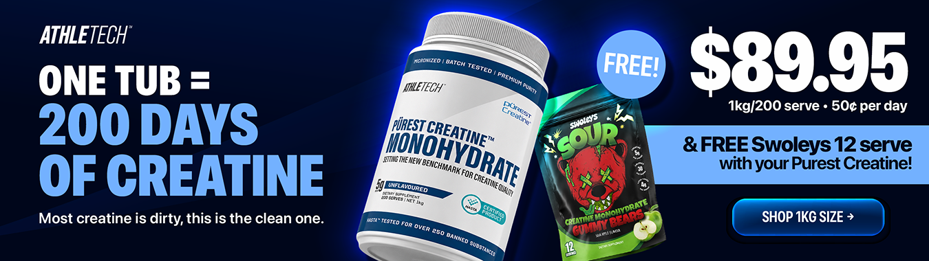 Athletech Purest Creatine Monohydrate 1kg — pharmaceutical-grade June launch.