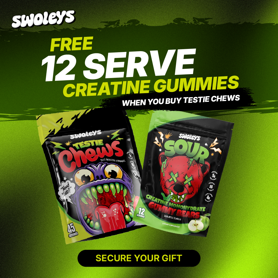 Free 12-serve Swoleys Creatine Gummies when you buy Testie Chews — secure your gift