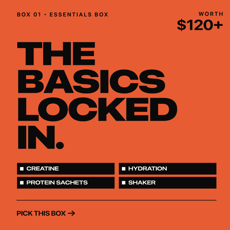 Box 01 Essentials — worth $120+. Creatine, hydration, protein sachets, shaker.