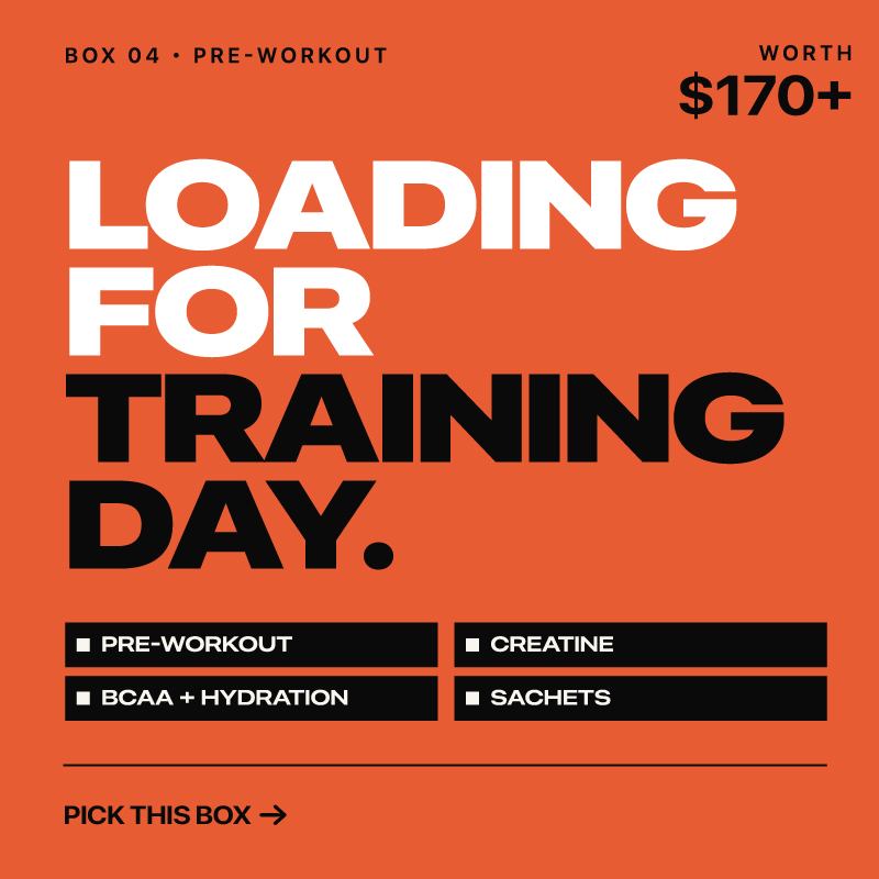 Box 04 Pre-Workout — worth $170+. Pre-workout, creatine, BCAA plus hydration, sachets.