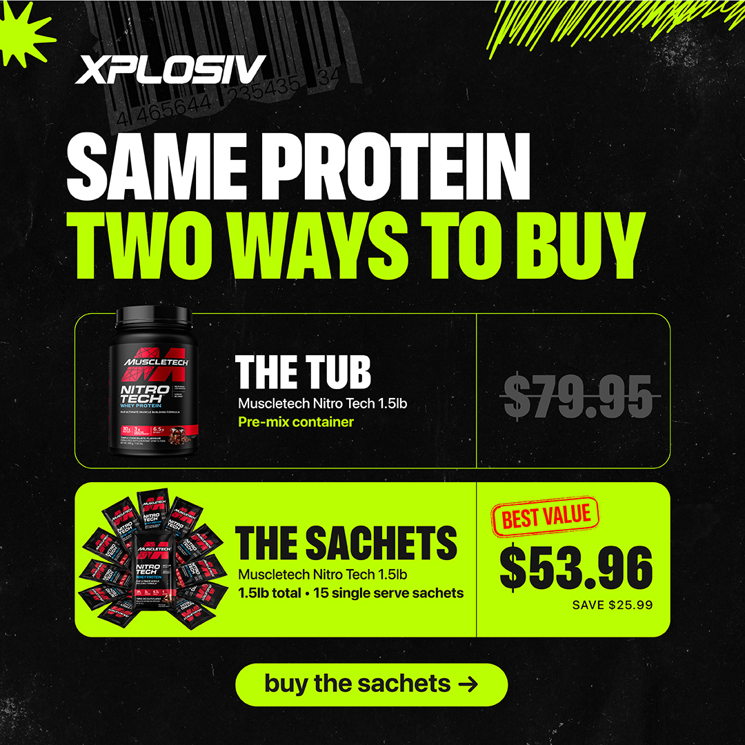 Same Protein Two Ways to Buy — Muscletech Nitro-Tech 1.5lb 15 sachets $53.96, save $25.99 vs the tub