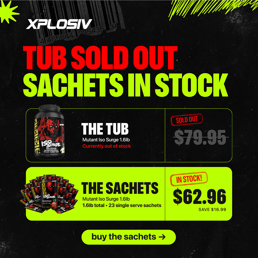 Tub Sold Out Sachets In Stock — Mutant Iso Surge 23-serve sachet pack $62.96, save $16.99