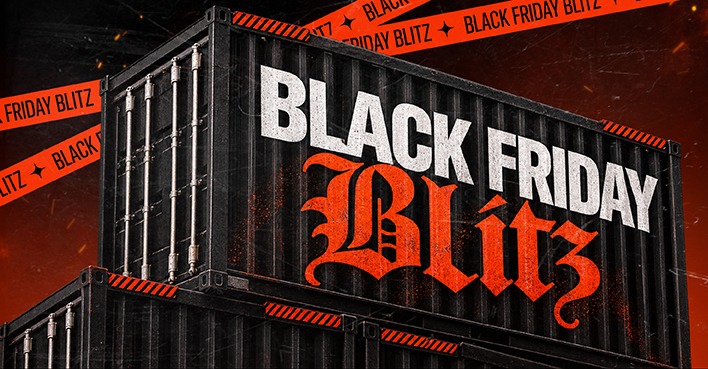 Black Friday Blitz, painted on a stack of shipping containers wrapped in caution tape