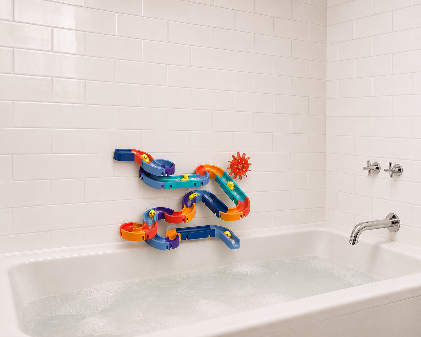 Illustrative complete Duck Drifters water track on tiles above a bath