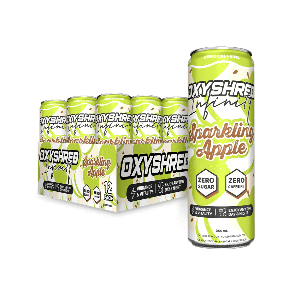 OxyShred Infinity Sparkling Apple 12-pack carton and can