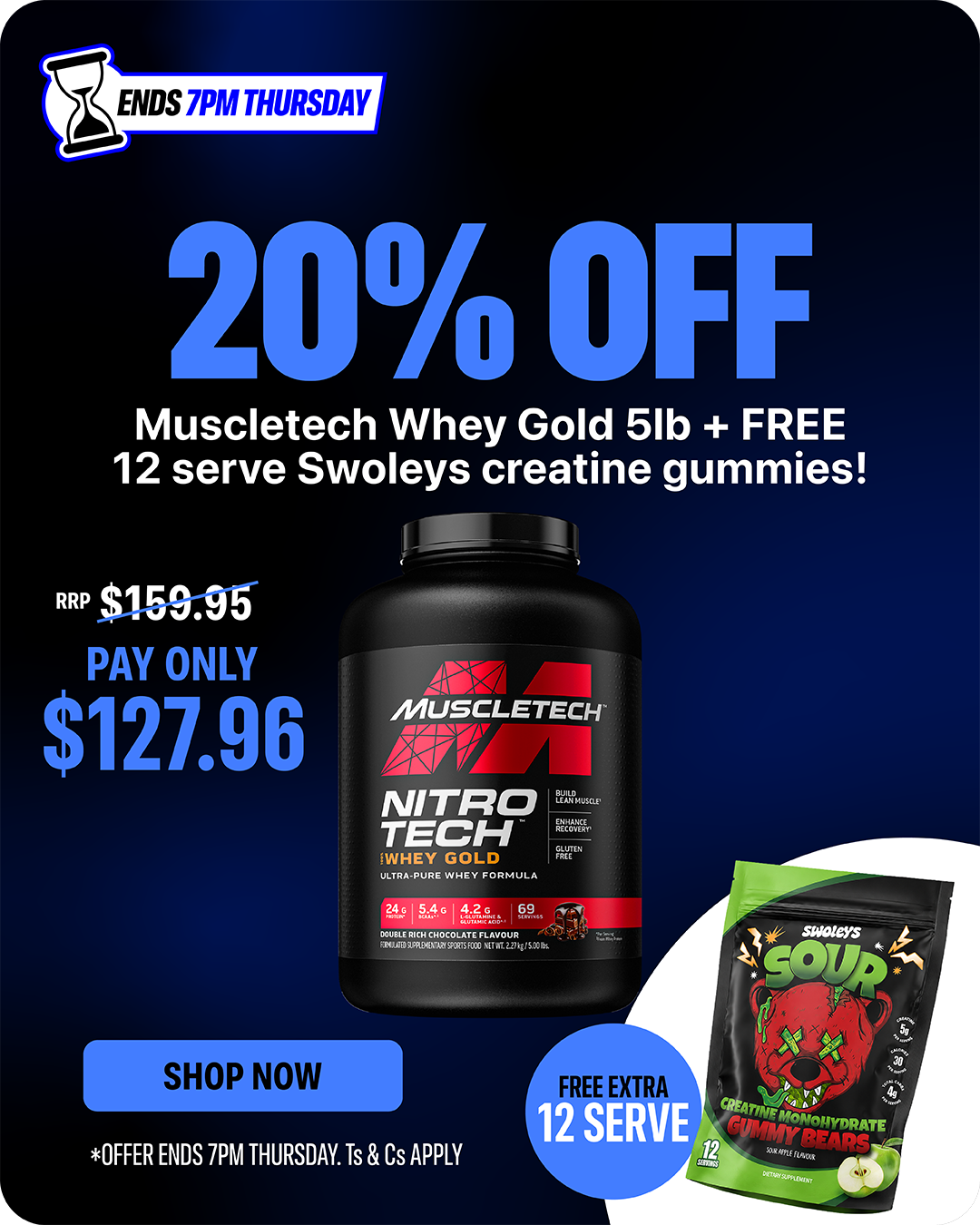 MuscleTech Whey Gold 5lb — 20% OFF + free Swoleys creatine gummies