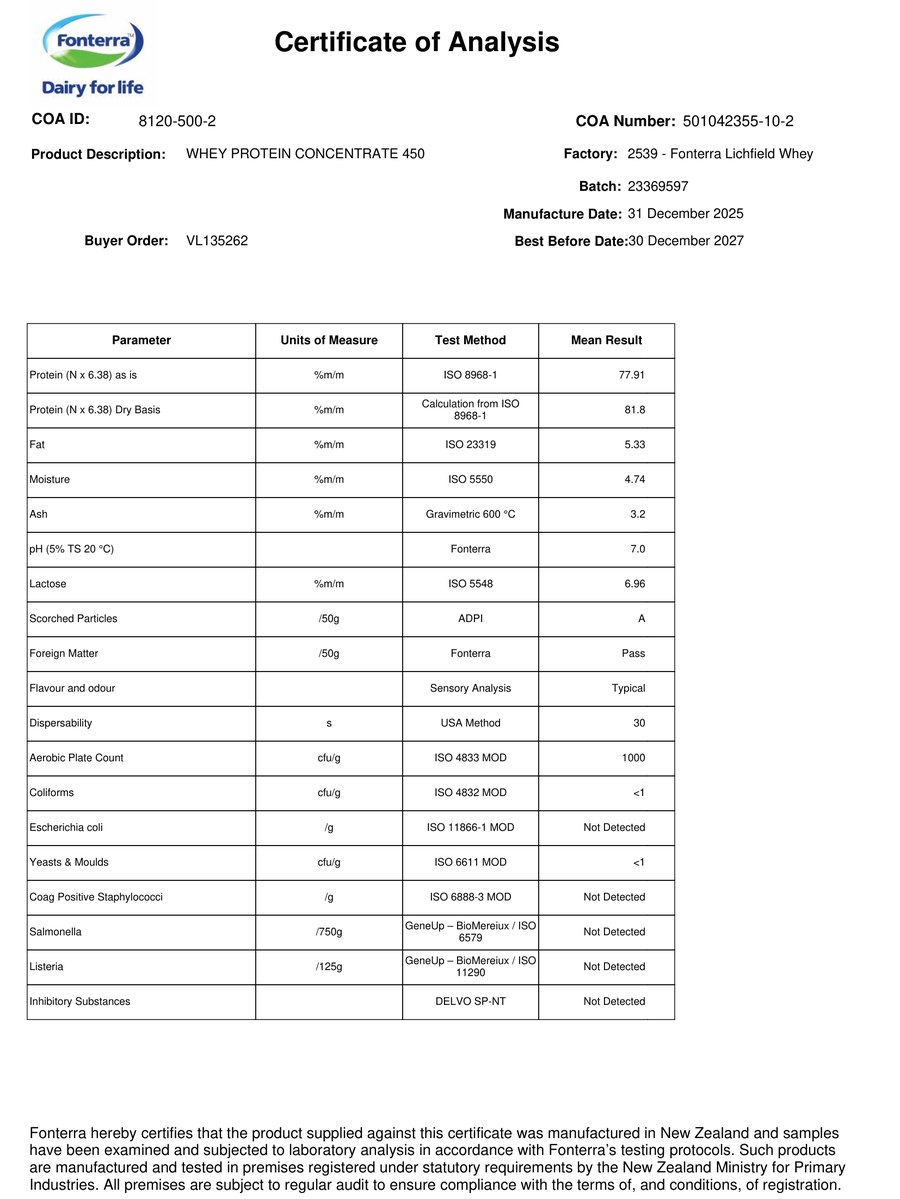 Fonterra Certificate of Analysis — batch 23369597, 77.91% protein, microbiology all clear