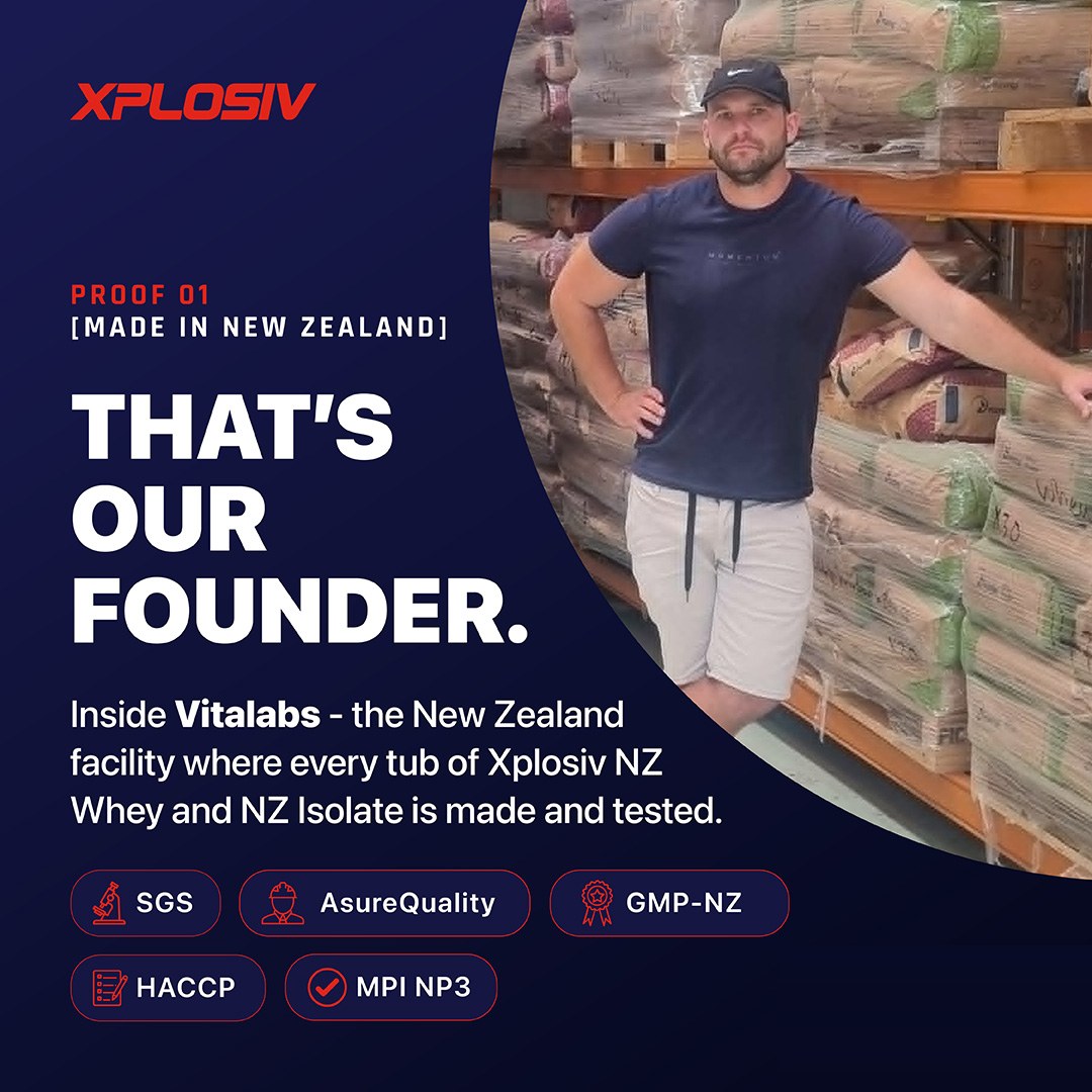 That's our founder, John Birrell, inside VitaLabs — the New Zealand facility where every tub of Xplosiv NZ Whey and NZ Isolate is made and tested. The plant is independently audited by SGS, AsureQuality, GMP-NZ, HACCP and MPI NP3.