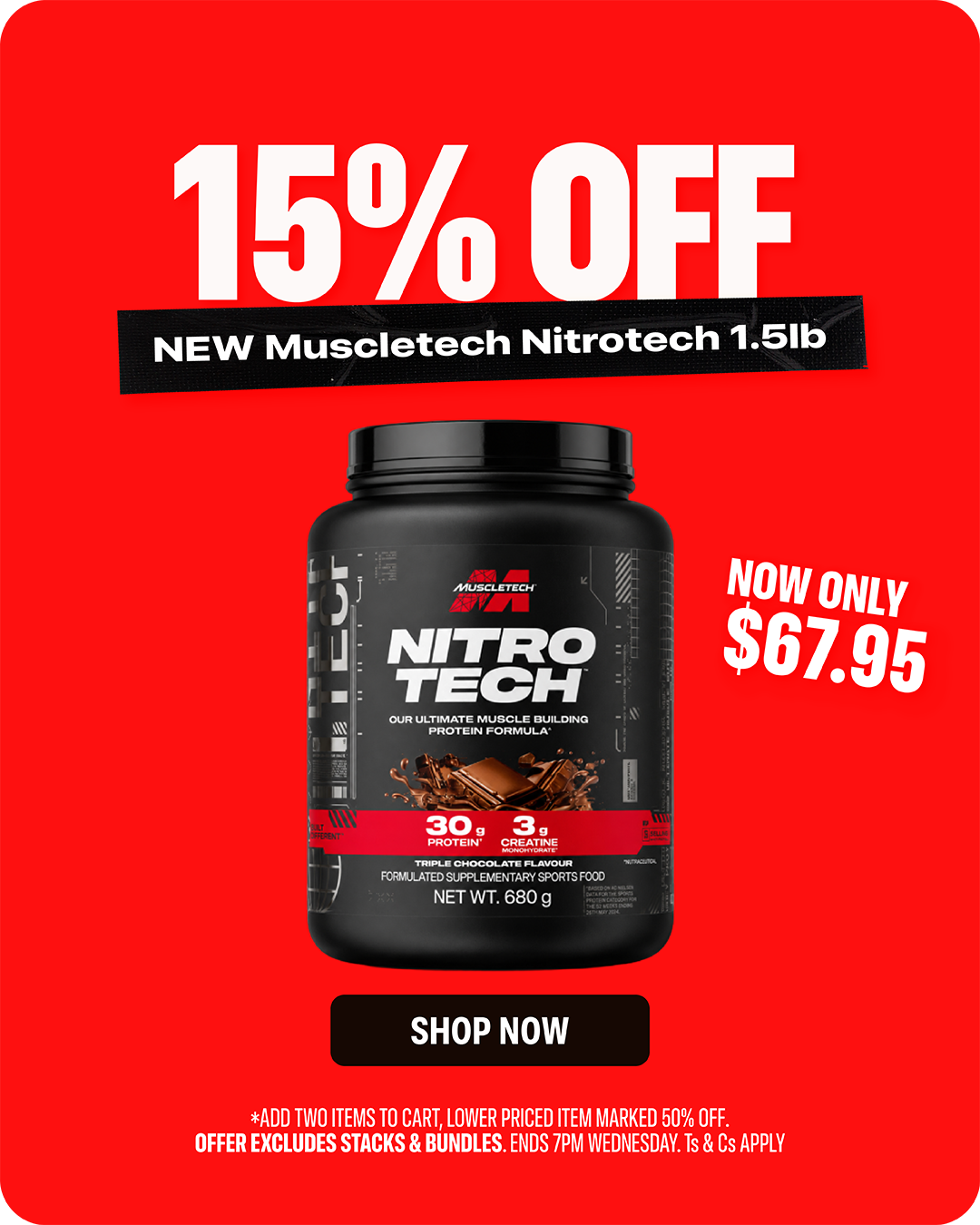 MuscleTech Nitro-Tech 1.5lb — $67.95, 15% off.