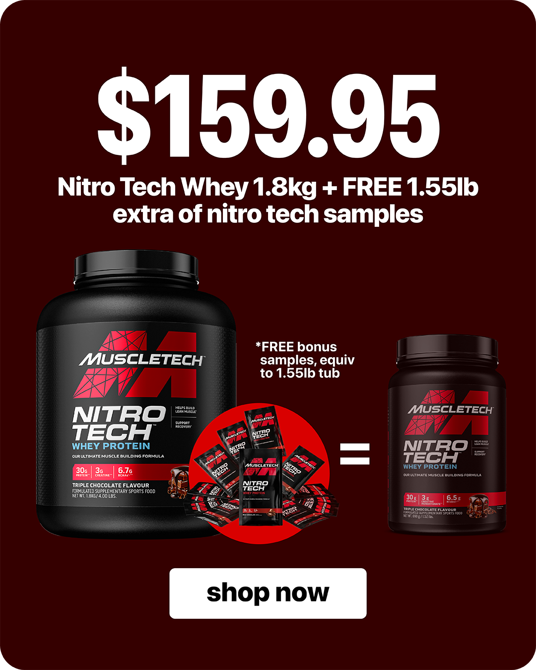 MuscleTech Nitro-Tech 1.8kg + FREE 1.55lb Nitro-Tech samples — $159.95.