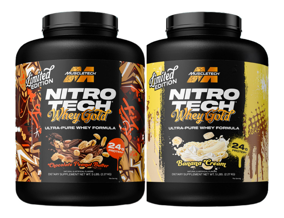 Two tubs of MuscleTech Nitro-Tech 100% Whey Gold, 5 lb each. Pre-order the 10 lb two-pack for $200, which is $100 a tub.