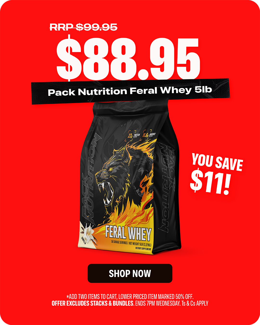 Pack Nutrition Feral Whey Protein 5lb — $88.95, RRP $99.95, Save $11.