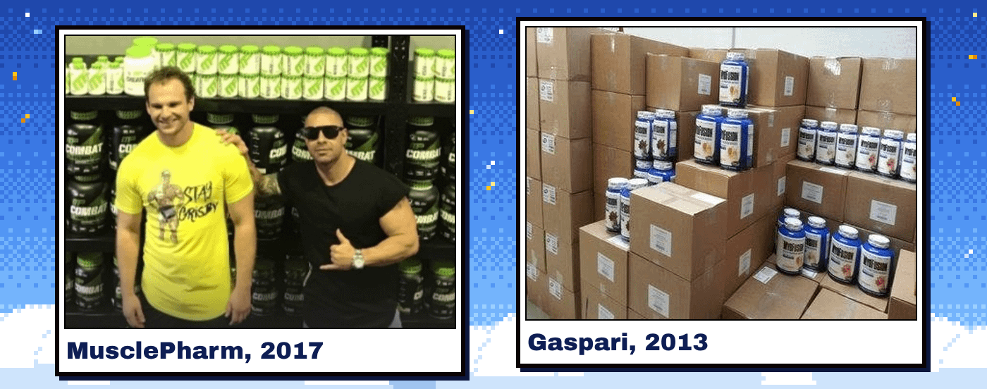 Our MusclePharm Combat wall in 2017 and our first Gaspari shipment in 2013, turning over to today: Protein+ 2.5lb with free creatine, and the Gaspari range at 20% off