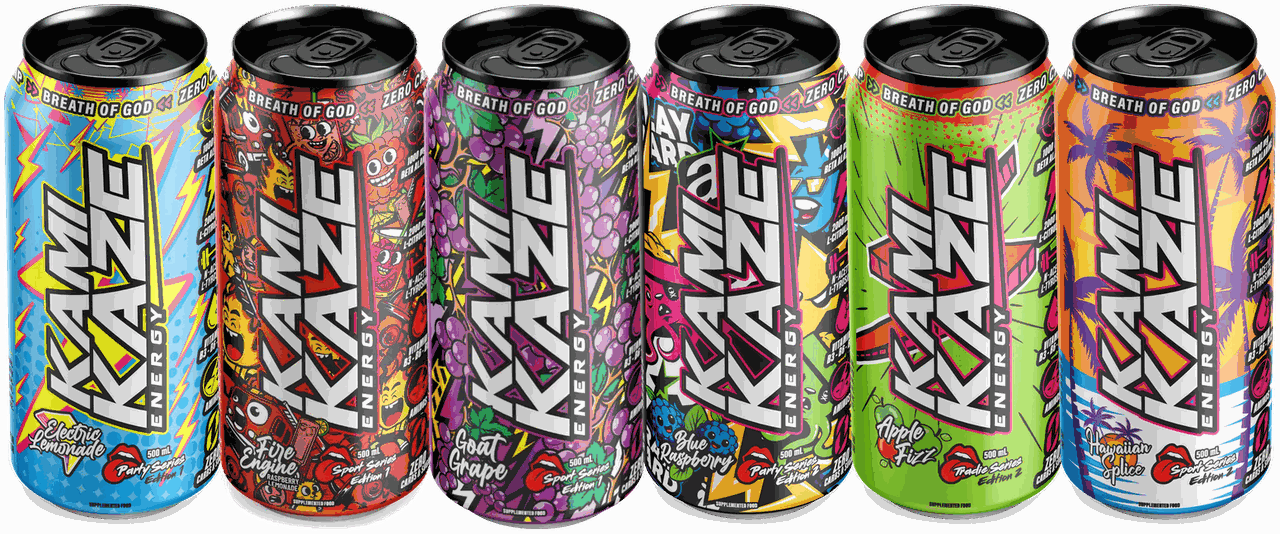 Kamikaze energy drinks, six flavours