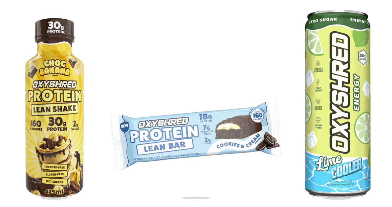 EHPlabs OxyShred Protein Lean Shake, Protein Lean Bar and Energy can