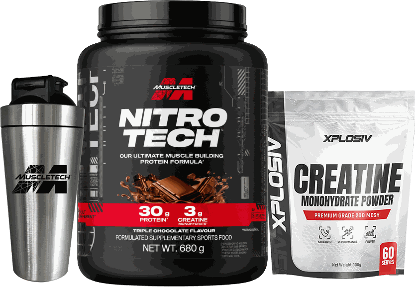MuscleTech Nitro-Tech 1.5lb with a MuscleTech steel shaker and Xplosiv Creatine 300g