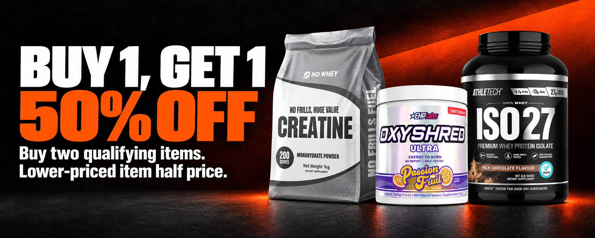 Buy 1, get 1 50% off. Buy two qualifying items. Pay half price for the lower-priced one.