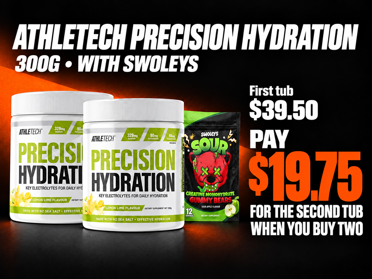 Athletech Precision Hydration 300g with Swoleys. First tub $39.50. Pay $19.75 for the second tub when you buy two.