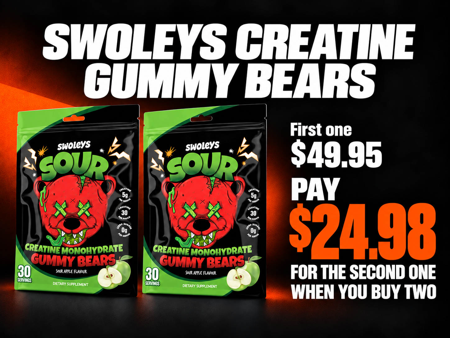 Swoleys Creatine Gummy Bears. First one $49.95. Pay $24.98 for the second one when you buy two.