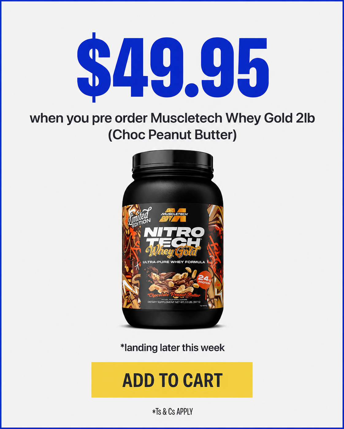 $49.95 pre-order offer for MuscleTech Whey Gold 2lb in Chocolate Peanut Butter