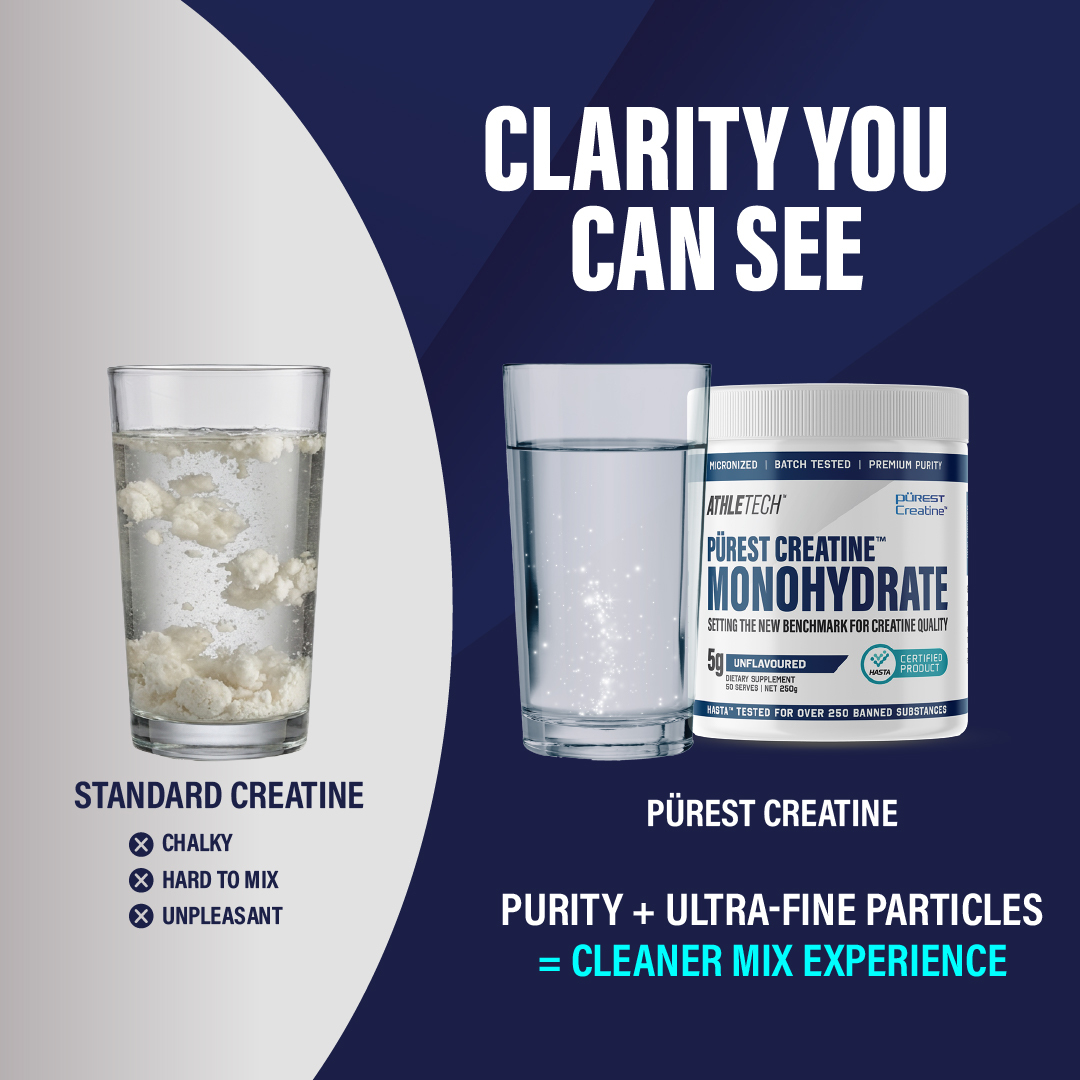 Clarity you can see - side by side comparison showing Pürest Creatine mixing crystal clear versus cloudy standard creatine