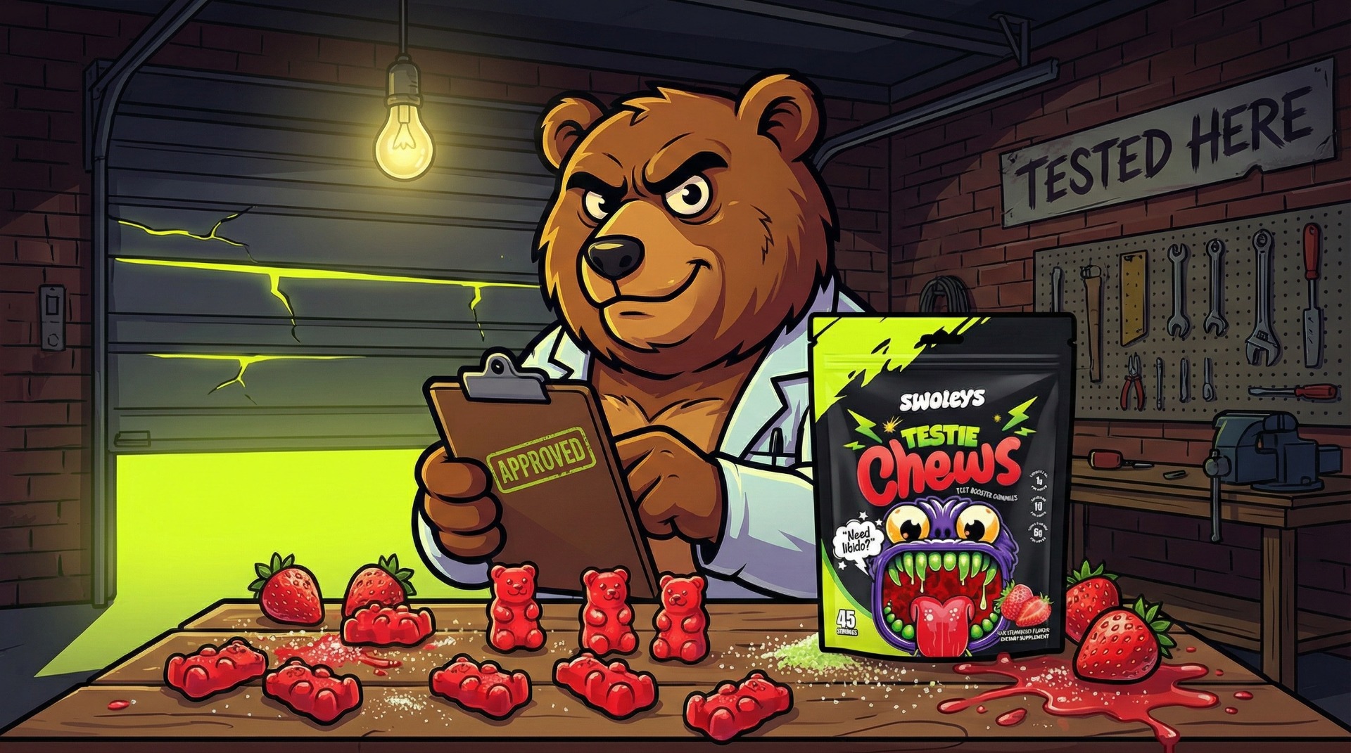 Swoleys Testie Chews - bear mascot in a garage lab with scattered gummy bears, clipboard stamped APPROVED, and Testie Chews packaging. Tested Here sign on wall.