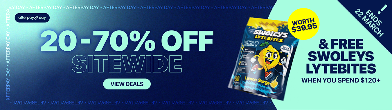 Afterpay Day Sale — 20 to 70 percent off sitewide. Free Swoleys LyteBites worth $39.95 when you spend $120+. Ends March 22.