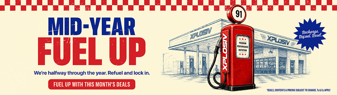 Mid-Year Fuel Up — July supplement deals at Xplosiv NZ. Recharge, refuel, reset. Save across protein, pre-workout, creatine and clearance. While stocks last.