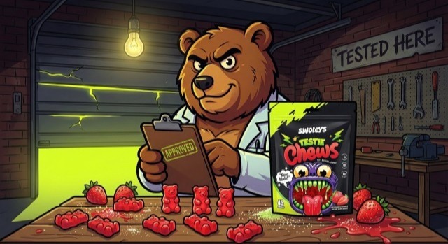 Swoleys Testie Chews - bear mascot in a garage lab with scattered gummy bears, clipboard stamped APPROVED, and Testie Chews packaging.